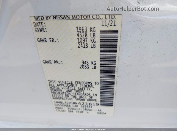 1N4BL4CV1MN421819 2021 NISSAN ALTIMA White Engine compartment view