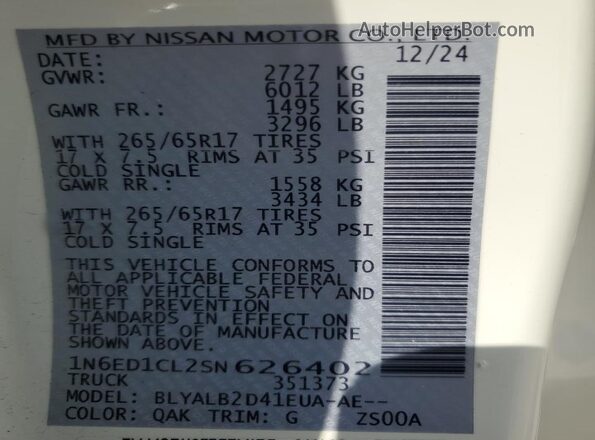 1N6ED1CL2SN626402 2025 NISSAN FRONTIER Белый Вид наклейки с VIN-кодом