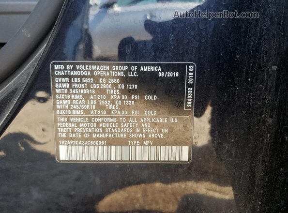 1V2AP2CA3JC600381 2018 VOLKSWAGEN ATLAS Black ძრავის განყოფილების ხედი