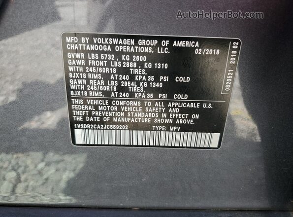 1V2DR2CA2JC559202 2018 VOLKSWAGEN ATLAS Gray Вид наклейки з VIN-кодом