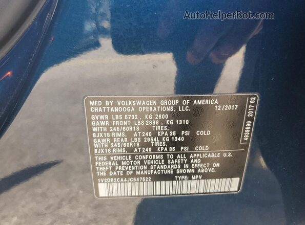 1V2DR2CA4JC547522 2018 VOLKSWAGEN ATLAS Blue Widok komory silnika