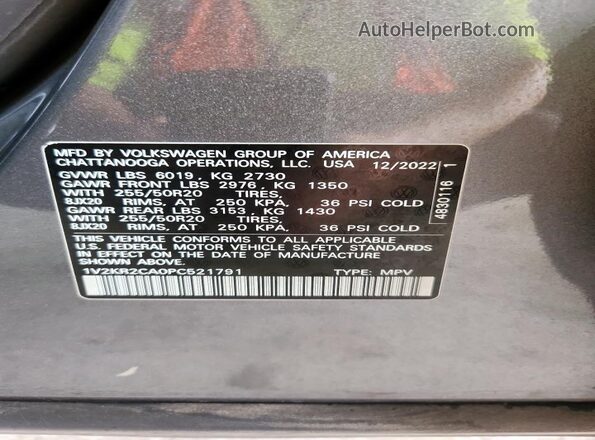 1V2KR2CA0PC521791 2023 VOLKSWAGEN ATLAS Gray Vista de la etiqueta del VIN