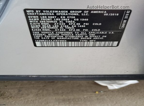 1V2MR2CA4JC573604 2018 VOLKSWAGEN ATLAS Silver Widok naklejki z numerem VIN