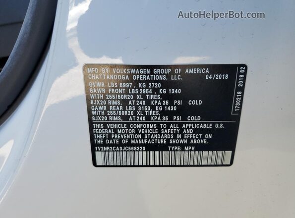 1V2NR2CA3JC568320 2018 VOLKSWAGEN ATLAS White Widok wnętrza 360 stopni