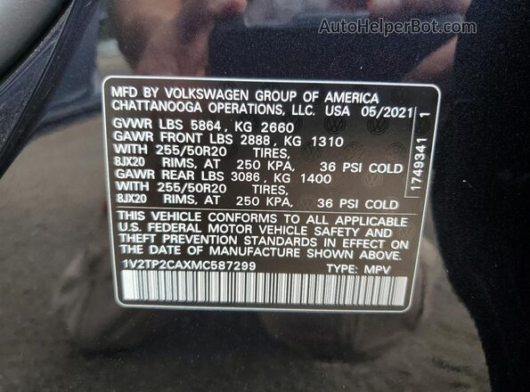 1V2TP2CAXMC587299 2021 VOLKSWAGEN ATLAS Black Widok naklejki z numerem VIN