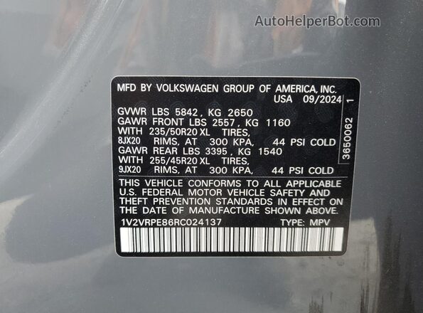 1V2VRPE86RC024137 2024 VOLKSWAGEN ID.4 Gray Вид наклейки з VIN-кодом
