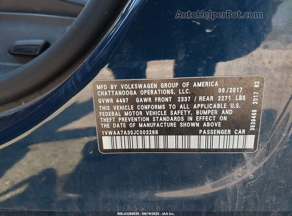 1VWAA7A30JC003268 2018 VOLKSWAGEN PASSAT Dark Blue Вид подкапотного пространства