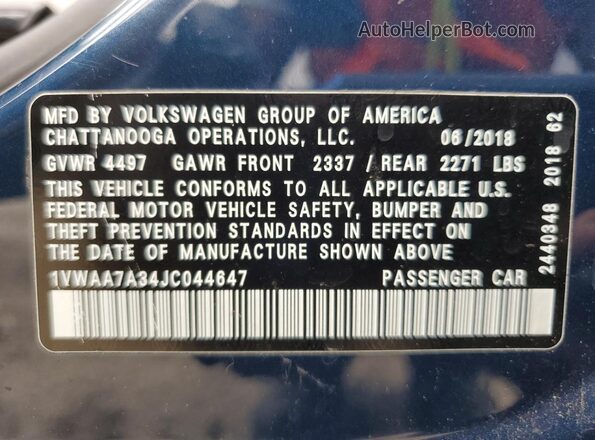 1VWAA7A34JC044647 2018 VOLKSWAGEN PASSAT Blue VIN კოდის სტიკერის ხედი