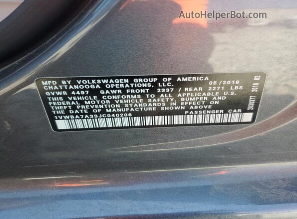 1VWBA7A33JC040206 2018 VOLKSWAGEN PASSAT Серый Вид подкапотного пространства