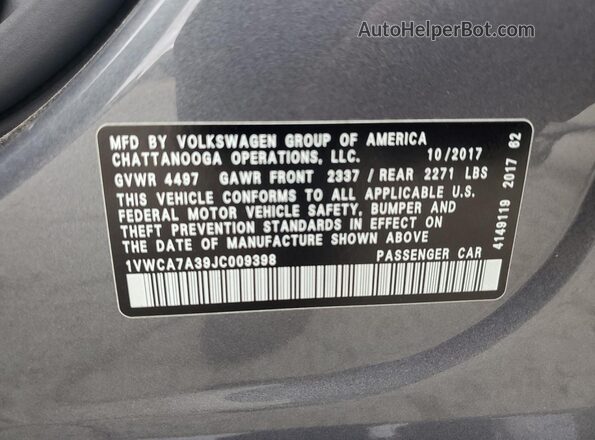 1VWCA7A39JC009398 2018 VOLKSWAGEN PASSAT Gray Widok naklejki z numerem VIN