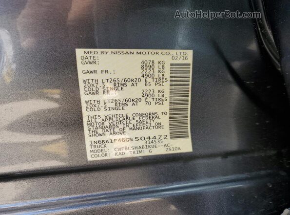 1N6BA1F46GN504472 2016 NISSAN TITAN Серый Вид наклейки с VIN-кодом