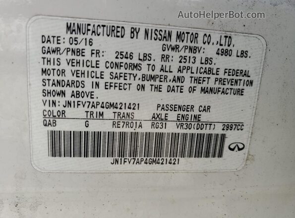 JN1FV7AP4GM421421 2016 INFINITI Q50 Белый Вид наклейки с VIN-кодом