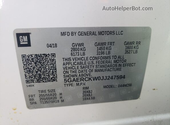 5GAERCKW0JJ247594 2018 BUICK ENCLAVE Белый Панорамный вид салона 360°
