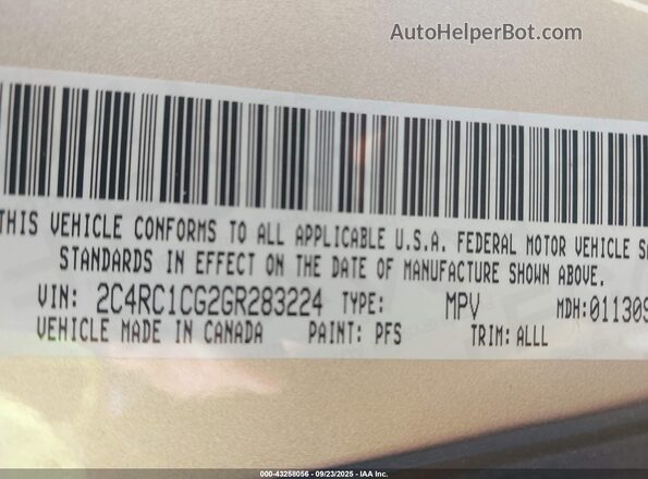 2C4RC1CG2GR283224 2016 CHRYSLER TOWN & COUNTRY Желто-коричневый Вид подкапотного пространства