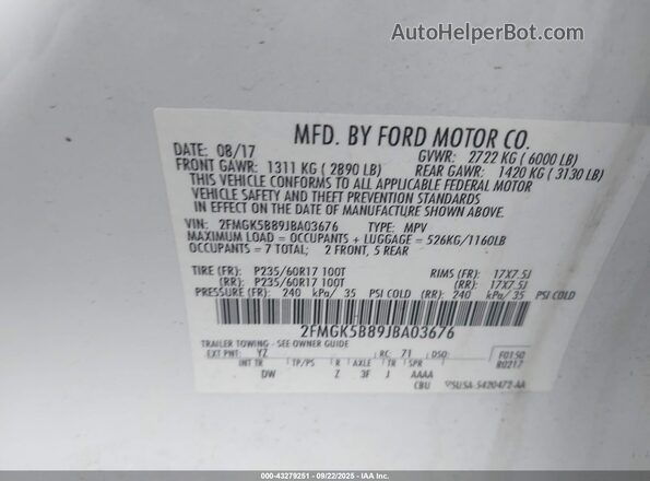 2FMGK5B89JBA03676 2018 FORD FLEX Белый Вид подкапотного пространства
