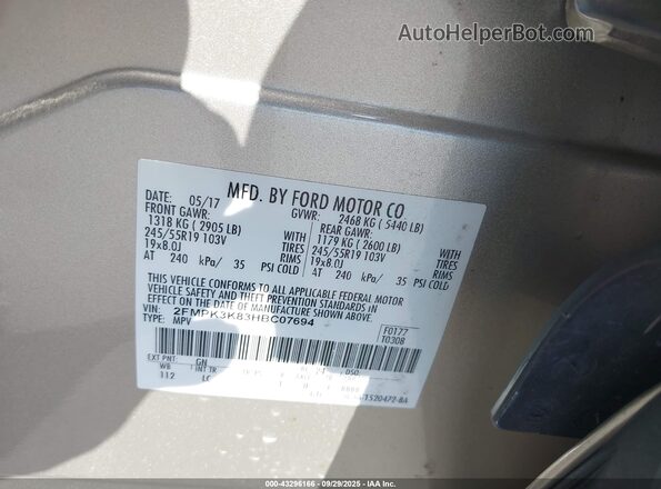 2FMPK3K83HBC07694 2017 FORD EDGE Champagne Vista del compartimento del motor