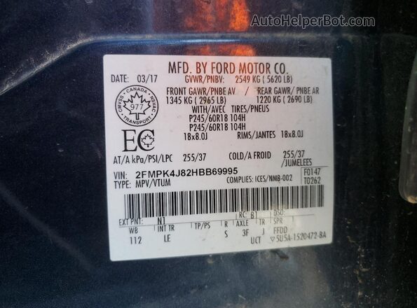 2FMPK4J82HBB69995 2017 FORD EDGE Синий Вид наклейки с VIN-кодом