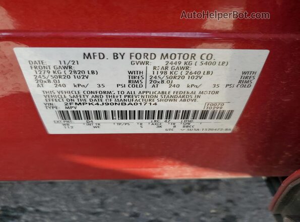 2FMPK4J90NBA01714 2022 FORD EDGE Красный Вид наклейки с VIN-кодом