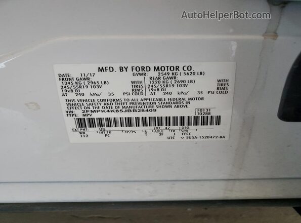 2FMPK4K85JBB28409 2018 FORD EDGE White VIN կոդի պիտակի տեսք