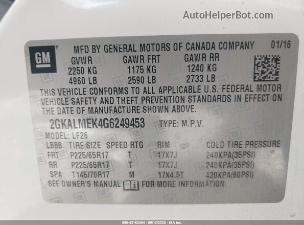 2GKALMEK4G6249453 2016 GMC TERRAIN Белый Вид подкапотного пространства