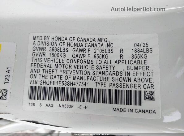 2HGFE1E58SH477541 2025 HONDA CIVIC SI Белый Вид подкапотного пространства