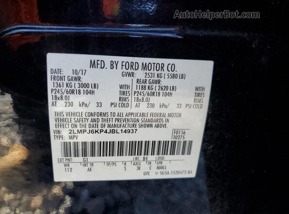 2LMPJ6KP4JBL14937 2018 LINCOLN MKX Черный Вид наклейки с VIN-кодом