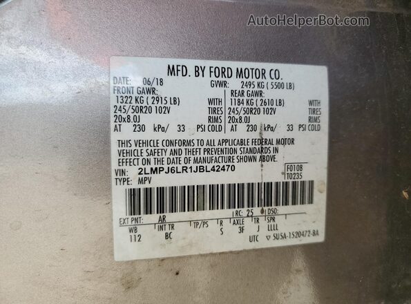 2LMPJ6LR1JBL42470 2018 LINCOLN MKX Gold Vista de la etiqueta del VIN