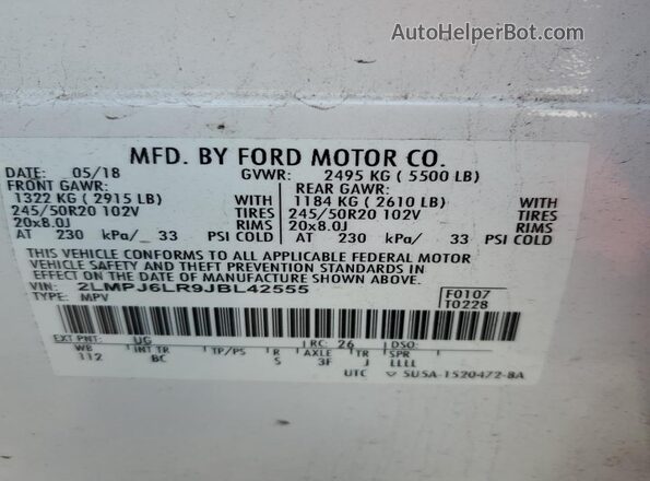 2LMPJ6LR9JBL42555 2018 LINCOLN MKX White Widok naklejki z numerem VIN