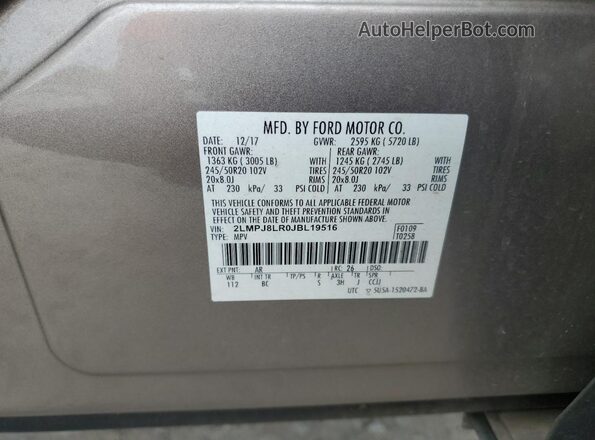 2LMPJ8LR0JBL19516 2018 LINCOLN MKX Beige Widok naklejki z numerem VIN