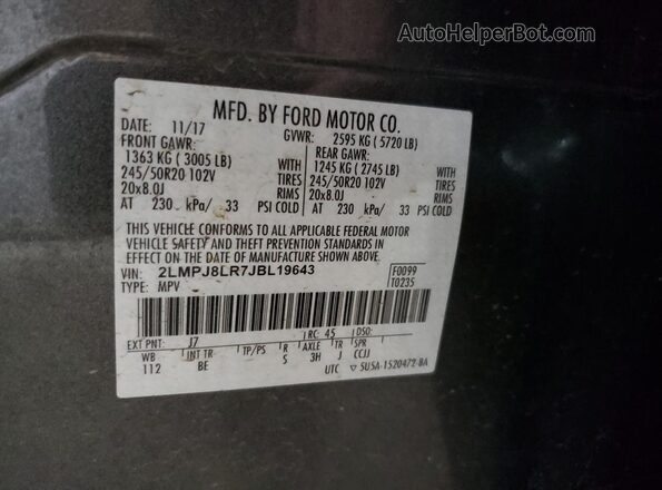 2LMPJ8LR7JBL19643 2018 LINCOLN MKX Серый Вид наклейки с VIN-кодом