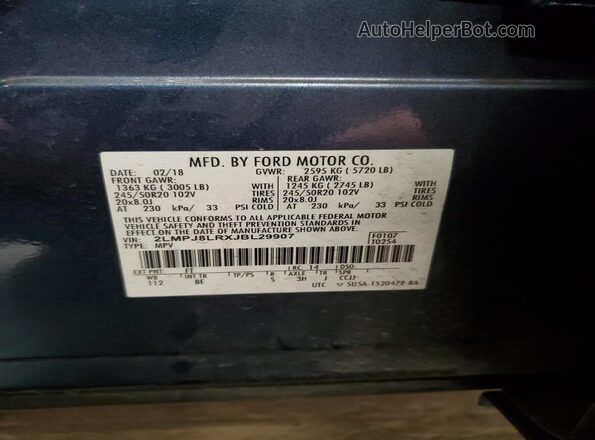 2LMPJ8LRXJBL29907 2018 LINCOLN MKX Синий Вид наклейки с VIN-кодом