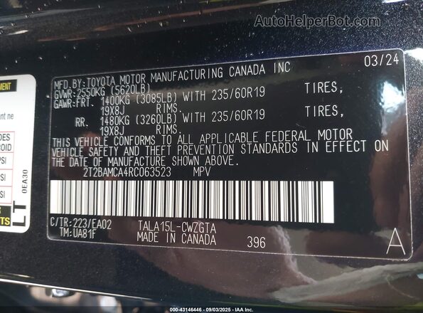 2T2BAMCA4RC063523 2024 LEXUS RX 350 Black Widok komory silnika