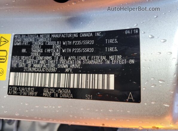 2T2BZMCA3JC150987 2018 LEXUS RX Silver VIN კოდის სტიკერის ხედი