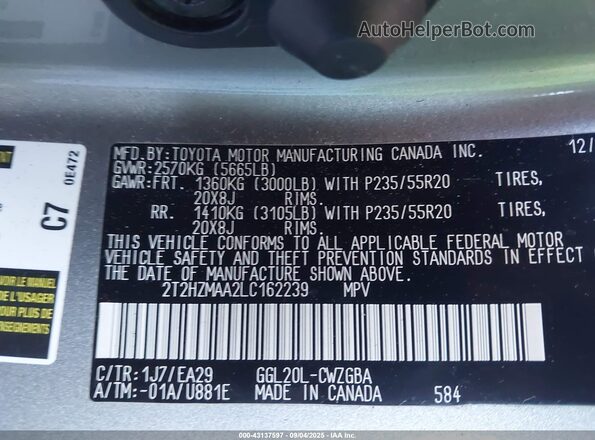 2T2HZMAA2LC162239 2020 LEXUS RX 350 Бежевый Вид подкапотного пространства