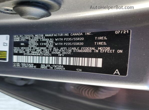 2T2HZMAAXMC216825 2021 LEXUS RX Charcoal Widok naklejki z numerem VIN