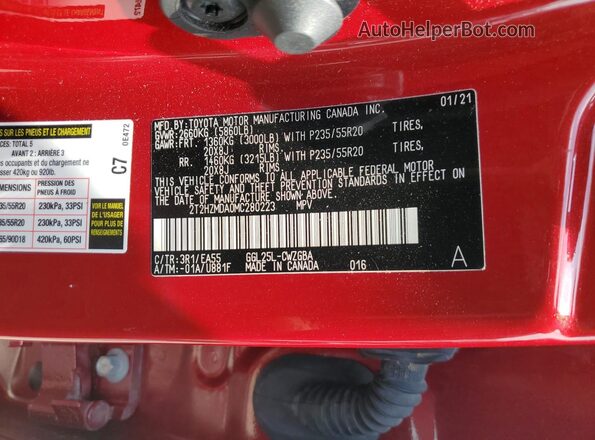 2T2HZMDA0MC280223 2021 LEXUS RX Red Widok naklejki z numerem VIN