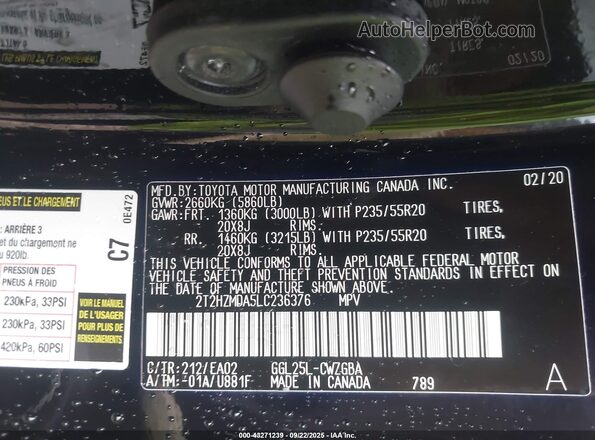 2T2HZMDA5LC236376 2020 LEXUS RX 350 Черный Вид подкапотного пространства
