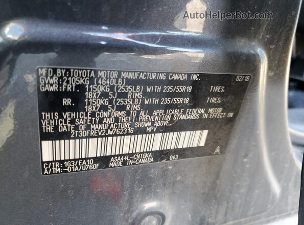 2T3DFREV2JW762316 2018 TOYOTA LIMITED Gray სალონის 360-გრადუსიანი ხედი