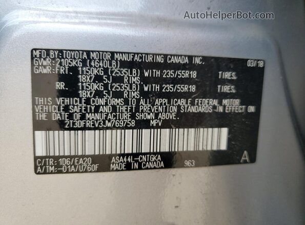 2T3DFREV3JW769758 2018 TOYOTA LIMITED Silver Вид підкапотного простору