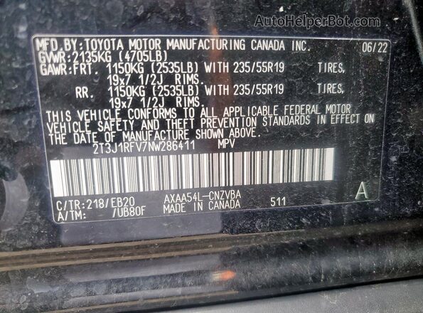 2T3J1RFV7NW286411 2022 TOYOTA RAV4 Черный Вид наклейки с VIN-кодом