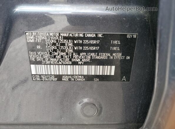 2T3RFREV5JW760808 2018 TOYOTA RAV4 Gray Widok naklejki z numerem VIN