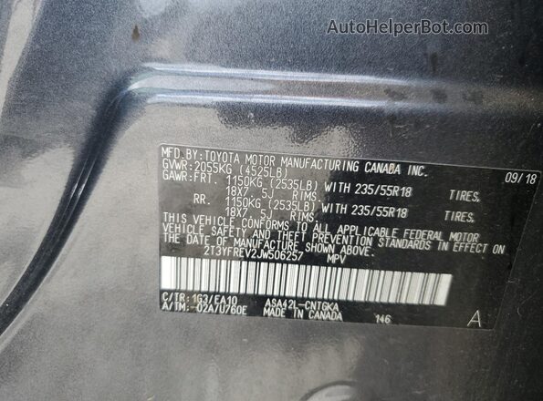 2T3YFREV2JW506257 2018 TOYOTA LIMITED Gray Вид наклейки з VIN-кодом