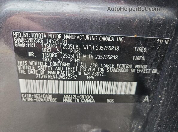 2T3YFREV4JW522217 2018 TOYOTA LIMITED Угольный Вид подкапотного пространства