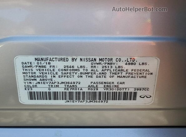 JN1EV7AP3JM364972 2018 INFINITI Q50 Silver VIN კოდის სტიკერის ხედი