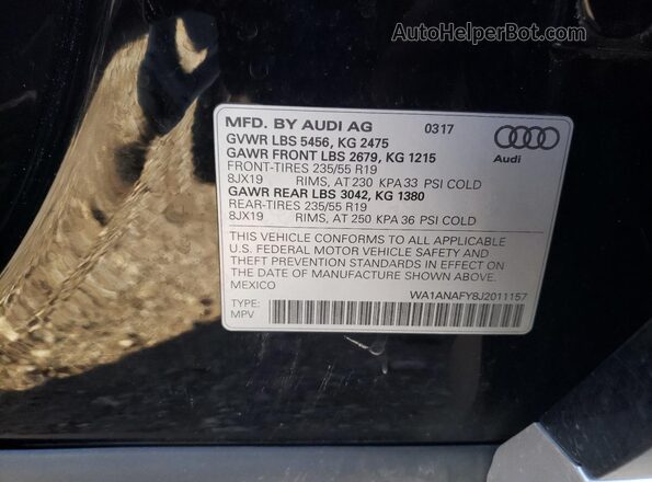 WA1ANAFY8J2011157 2018 AUDI Q5 Black Vista de la etiqueta del VIN