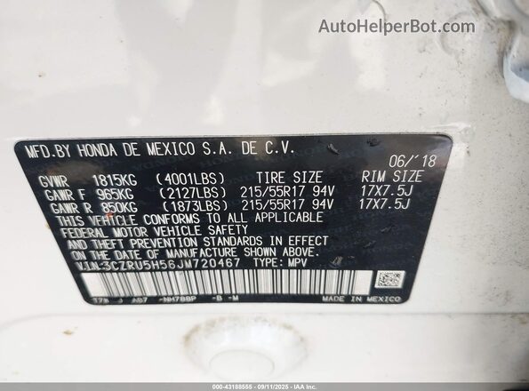 3CZRU5H56JM720467 2018 HONDA HR-V White Engine compartment view