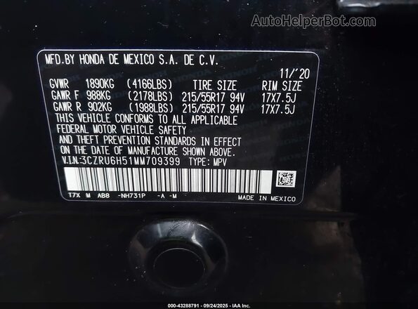 3CZRU6H51MM709399 2021 HONDA HR-V Black Widok komory silnika