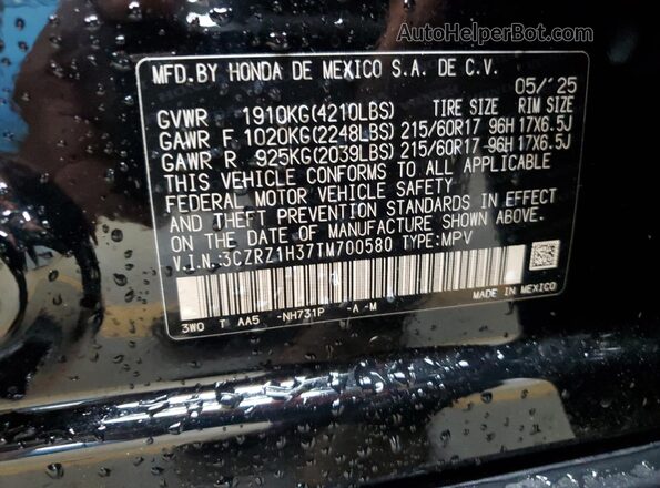 3CZRZ1H37TM700580 2026 HONDA HR-V Black Widok naklejki z numerem VIN