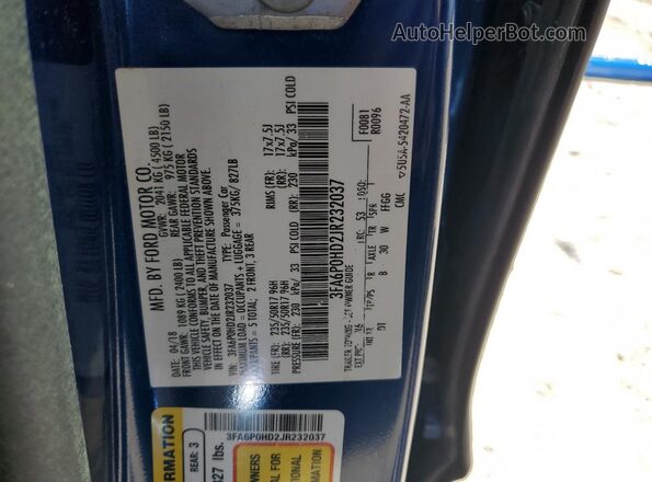 3FA6P0HD2JR232037 2018 FORD FUSION Синий Вид подкапотного пространства