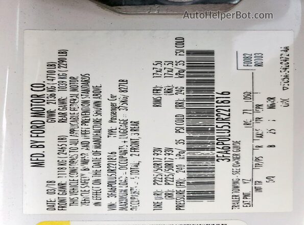 3FA6P0LU5JR221816 2018 FORD FUSION Белый Вид подкапотного пространства